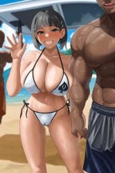 2boys aqua_eyes beach bikini black_bean black_hair blush breasts dark-skinned_male dark_skin female highres holding_hands huge_breasts implied_fellatio interracial kirigaya_suguha looking_at_viewer multiple_boys muscular muscular_male pubic_hair pubic_hair_in_mouth pussy_juice_stain queen_of_spades queen_of_spades_symbol short_hair smile swimsuit sword_art_online waving white_bikini