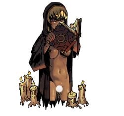 abbey_npc_(darkest_dungeon) belly black_robe blonde_hair blush book breasts breasts_apart brown_eyes candle candle_wax censored commentary covered_mouth cropped_torso dark-skinned_female dark_skin darkest_dungeon english_commentary female genderswap_(mtf) hands_up heart heart-shaped_pupils holding holding_book hood hood_up hooded_robe large_breasts long_hair looking_at_viewer naked_robe navel nipple_piercing nun open_clothes open_mouth open_robe piercing pink_pupils pixiv_etzh4387 pussy_piercing robe rule_63 simple_background solo stomach suggestive_fluid symbol-shaped_pupils torn_clothes torn_robe transparent_background two-handed wide_sleeves