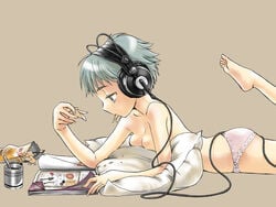 blue_eyes blue_hair eating headphones lying_down original panties solo underwear