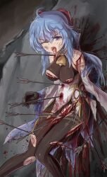 ahoge arrow_(projectile) black_gloves blood blood_from_mouth blood_on_chest blood_on_clothes blood_on_leg blue_hair bodystocking breasts chinese_commentary commentary_request cuts deep_wound detached_sleeves feet_out_of_frame female ganyu_(genshin_impact) genshin_impact gloves gore guro highres horns imminent_death injury large_breasts light_blue_hair long_hair looking_at_viewer one_eye_closed open_mouth purple_eyes ree_(ray18g) solo torn_clothes what