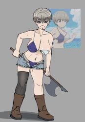 axe boots grey_hair one_stocking shark_tooth short_shorts swimsuit_aside two_piece_swimsuit uzaki-chan_wa_asobitai! uzaki_hana