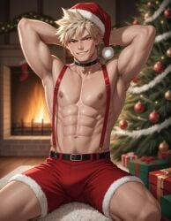 1boy abs ai_generated armpits bakugou_katsuki belt blonde_hair boku_no_hero_academia bsky_link bulge choker christmas christmas_clothing christmas_decorations christmas_hat christmas_outfit christmas_present christmas_tree dvxxxgrai fireplace katsuki_bakugou male male_only my_hero_academia nipples pixai pony_diffusion_xl pubic_hair red_eyes red_shorts santa_hat seated shorts smile solo solo_male spiked_hair suspenders tagme toned toned_body toned_male topless topless_male twitter_link