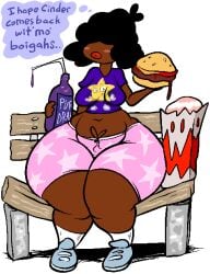 1girls afro animated ass bench big_lips big_lips_no_eyes black_hair breasts burger cheezyweapon chubby chubby_female dark-skinned_female dark_skin drink english_text female female_focus female_only food hair_covering_eyes hair_over_eyes hips juice large_ass lips penny_(cheezyweapon) ristar ristar_(game) shorts text thick_thighs thighs thought_bubble wide_hips