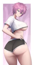 big_ass big_breasts black_shorts blue_eyes crop_top eclipse_virgo fairy_tail hand_on_hip looking_at_viewer looking_back pierced_nipples pink_hair short_hair shorts shou_illust smug smug_face thick_thighs white_shirt