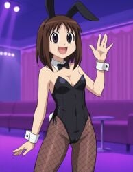 1girls ai_generated azumanga_daiou bowtie brown_hair fake_animal_ears fake_tail female female_only fishnet_legwear fishnet_pantyhose fishnets leotard looking_at_viewer osaka_ayumu_kasuga playboy_bunny solo stable_diffusion waving wrist_cuffs