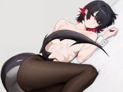 areola_slip black_hair black_pantyhose breasts closed_mouth collarbone colored_inner_hair ei_(eiei_e1_) ellen_joe female fins fish_tail looking_at_viewer lying medium_breasts multicolored_hair navel on_bed on_side paid_reward_available pantyhose red_eyes red_hair shark_girl shark_tail short_hair solo stomach tail tail_censor topless white_wrist_cuffs wrist_cuffs zenless_zone_zero