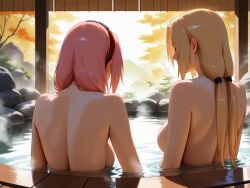 2d 2girls age_difference ai_generated backboob bare_back bathing blonde_hair classy edit female female_only hot_spring naruto naruto_(series) naruto_shippuden nude onsen pink_hair sakura_haruno student teacher teacher_and_student tsunade tsunade_senju