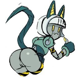 anus ass at character ear feline female flashing girl hindquarters looking presenting robo-fortune robot skullgirls smile tail thumbs up