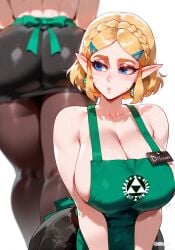 1girls ai_generated apron ass barista blonde_hair breasts cleavage difuxer female female_only large_ass large_breasts light-skinned_female light_skin princess_zelda solo the_legend_of_zelda the_legend_of_zelda:_breath_of_the_wild thighs wide_hips zelda_(breath_of_the_wild)