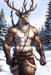 1boy 2024 ai_generated anthro antlers avaru brown_body brown_fur cervine cervine_antlers cervine_genitalia cervine_humanoid clothing forest fur humanoid landscape loincloth male mammal muscular muscular_male nature_background nipples primal_wilds reindeer reindeer_antlers reindeer_humanoid snow solo tribal tribal_jewelry winter