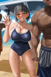 2boys aqua_eyes beach bikini black_bean black_hair blush breasts dark-skinned_male dark_skin female highres holding_hands huge_breasts implied_fellatio interracial kirigaya_suguha looking_at_viewer multiple_boys muscular muscular_male pubic_hair pubic_hair_in_mouth pussy_juice_stain short_hair smile swimsuit sword_art_online waving