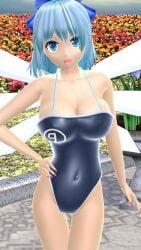 1girls 2023 3d adult_female belly_button blue_bowtie blue_eyes blue_hair_female breasts cirno cleavage fairy flowers garden hand_on_hip hati_yukkuri_mmd hips ice_wings jpeg light-skinned_female looking_at_viewer mmd open_mouth outdoors plant short_hair_female solo_female solo_focus swimsuit touhou waist