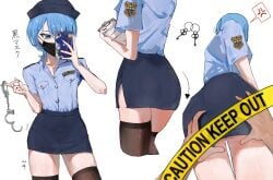 1boy 1girls angry annoyed blue_eye blue_hair blue_shirt breasts butt_grab face_mask handcuffs hat hololive hololive_gen_0 hololive_japan hoshimachi_suisei keys light-skinned_female light-skinned_male light_skin mask police_hat police_uniform policewoman shirt skirt small_breasts smartphone spoken_anger_vein uniform virgo_illustsub virtual_youtuber