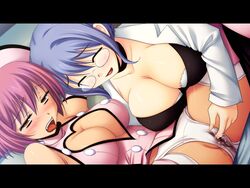 2girls blush breasts choker clothing doctor female fingering glasses multiple_girls nurse oneechan_no_shuuchuu_chiryou! panties pussy_juice tail_skid through_panties wet yuri