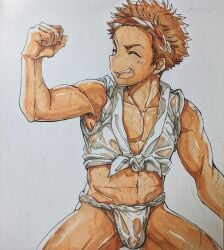 1boy abs armpit_hair armpits arms_up ass_visible_through_thighs bicep_curl biceps blush_lines brown_hair clenched_hand closed_eyes collarbone flaccid frown fundoshi genital_outline hachimaki hand_drawn headband hi_res japanese_clothes laugh leeksaltboy male male_only mature_male muscles muscular muscular_arms muscular_male navel open_legs open_mouth original original_character pecs rokushaku_fundoshi rolled_up_sleeves see-through see-through_clothing short_hair solo standing translucent_clothing v-shaped_eyebrows wet wet_body wet_clothes wet_fundoshi wet_skin white_background white_fundoshi yaoi young