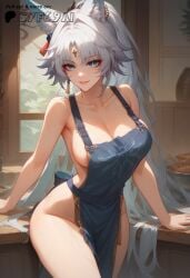 1girls ai_generated apron apron_only blue_eyes breasts feixiao_(honkai:_star_rail) fox_ears fox_girl honkai:_star_rail honkai_(series) hoyoverse mihoyo naked_apron patreon sideboob syf69ai tagme white_hair