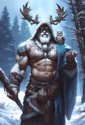 1boy 2024 abs ai_generated antlers avaru beard belt blue_clothing body_hair christmas clothing deity forest glowing_eyes god grey_hair hairy hairy_chest human looking_at_viewer male male_only muscular muscular_male navel necklace nipples older_male owl pagan robe snow solo staff tattoo white_hair winter