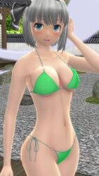 1girls 2023 3d adult_female armpits belly_button bikini blue_eyes blush breasts clavicle cleavage ghost_girl green_bikini hati_yukkuri_mmd headband hips jpeg light-skinned_female looking_at_viewer midriff mmd one_arm_up open_mouth outdoors short_hair_female solo_female solo_focus swimsuit touhou uncanny_valley waist white_hair_female will_o_wisp youmu_konpaku