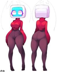 antennae big_ass big_breasts blush bodysuit character_sheet computer_head cropped_sweater curvaceous curvy curvy_figure cute eyelashes eyeshadow fingerless_gloves gazericc high_heels miyu_(rox_hoxten) reference_sheet rox_hoxten screen_face shiny_body sweater tagme thick_thighs tv_head white_eyes