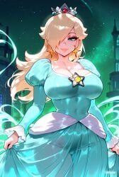 1girls ai_generated blonde_hair breasts cleavage difuxer female female_only hair_over_one_eye large_breasts light-skinned_female light_skin mario_(series) princess princess_rosalina solo super_mario_bros. super_mario_galaxy