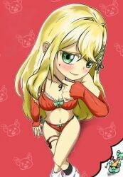 1girls 2026 2d 2d_(artwork) belly_button blonde-haired_female blonde_female blonde_hair blush bow breasts cleavage female fuzuki_miki fuzuki_miki_(3rd_costume) green_eyes indie_virtual_youtuber long_hair looking_at_viewer mole panties rin_iota streamer thought_bubble twitter twitter_link virtual_youtuber vtuber youtube youtuber