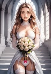 ai_generated blush bride brown_eyes kayleighb large_breasts long_hair moaning primal_urges round_ass slender_waist tall wavy_hair wedding wedding_dress wedding_lingerie wedding_veil younger_female