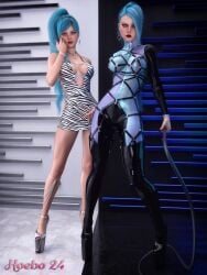 3d blue_hair bodysuit dominatrix dress hoebo24 latex original platform_heels transformation whip zebra_print