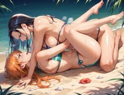 ai_generated beach bearhug bikini catfight hate_fuck hate_sex leg_grab leg_lock nami nami_(one_piece) nico_robin one_piece sweat sweaty wet wet_skin wrestling wrestlingryona yuri