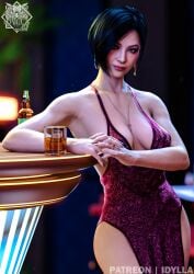 3d 3d_(artwork) 3d_model 3d_render ada_wong ada_wong_(adriana) alcoholic_drink artist_name asian asian_female bar black_hair brown_eyes cleavage club confident_smile dress drink highres idylla inner_sideboob jewelry looking_at_viewer low_cut_dress necklace patreon_username posing purple_dress resident_evil resident_evil_4 resident_evil_4_remake revealing_dress seductive seductive_look short_hair waiting