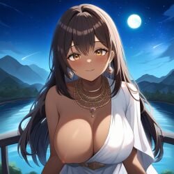 1girls black_hair breasts_out brown_hair dark-skinned_female jewelry lake large_breasts long_hair looking_at_viewer moon mountain nature night_sky nipples novelai original outdoors stars