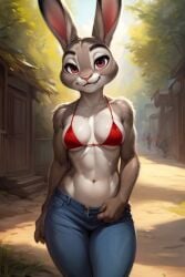 1girls ai_generated anthro bikini bikini_top disney female female_only furry judy_hopps lagomorph lagomorph_humanoid looking_at_viewer outdoors purple_eyes rabbit red_bikini red_bikini_top smile solo_female unbuttoned_pants zootopia