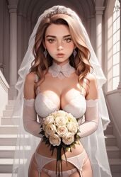 ai_generated blush bride brown_eyes kayleighb large_breasts long_hair moaning primal_urges round_ass slender_waist tall wavy_hair wedding wedding_dress wedding_lingerie wedding_veil younger_female