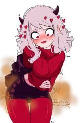 1girls ass_in_dress blush demon demon_girl disgusted embarrassed fart fart_cloud fart_fetish fart_torture farting heart helltaker horn jacket lingering_stench modeus_(helltaker) nervous red_eyes red_sweater short_hair shy stench white_hair