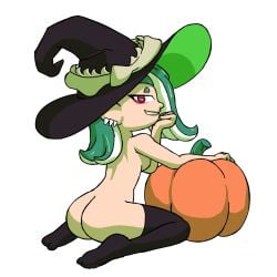 ass back crouching deep_cut_(splatoon) ear_piercing female female_only green_hair halloween hat lisnovski looking_at_viewer nintendo posing practically_nude pumpkin red_eyes shiver_(splatoon) sideboob smile smiling solo_female splatoon splatoon_(series) splatoon_3 stockings witch_hat