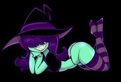 bellumy_(jek_korpen) big_ass black_background crop_top green_skin jek_korpen original original_character purple_hair sexy sharp_teeth simple_background skindentation slim_waist small_breasts smile striped_legwear tagme thong witch witch_hat