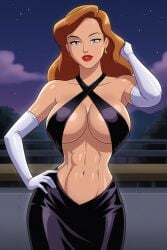 abs ai_generated andrea_beaumont arms batman:_mask_of_the_phantasm batman_(series) belly_button big_breasts blue_eyes breasts brown_hair dc_comics dcau dcuaom dress earrings fantasyai female female_only hands lips lipstick long_hair looking_at_viewer outdoors outside smile smiling teeth