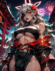 ai_generated black_lips black_lipstick earrings embla_(fire_emblem) eye_patch feh_(fire_emblem_heroes) fireworks futa_bulge futanari hair_flower kimono manofmidas necklace new_year penis_bulge red_eyes underboob white_hair