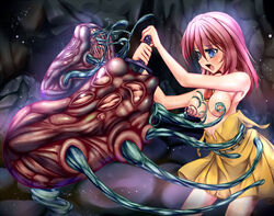 ambiguous_penetration blue_eyes breasts dress monster nipples pink_hair rape tears tentacle tentacles_under_clothes torn_clothes