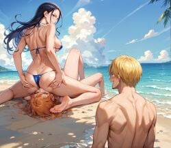 ai_generated beach bearhug bikini catfight facesitting hate_fuck hate_sex nami nami_(one_piece) nico_robin one_piece sweat sweaty wet wet_skin wrestling wrestlingryona yuri