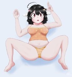 areolae black_hair choker chubby chubby_female clothed collar collared dog_ears feet female juno_coton large_breasts legs_held_open legs_spread pale_skin pink_eyes pov pov_eye_contact solo_female succubusfella underwear virtual_youtuber vtuber