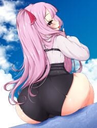 ass ass_focus blush cameltoe come_hither ether_core female from_behind goddess_of_victory:_nikke hair_ribbon highres huge_ass long_hair looking_at_viewer looking_back naughty_face pink_hair purple_eyes ribbon short_shorts shorts sitting smile solo thick_thighs thighs tongue tongue_out twintails very_long_hair yuni_(nikke)