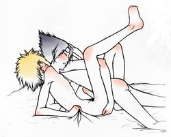 2boys anal arm_support ass back bare_shoulders bed black_hair blonde_hair blush closed_eyes erection feet gay human legs legs_up lying male male_only multiple_boys multiple_males naruto nude panting penis sasuke_uchiha sex short_hair simple_background straight_hair uncensored uzumaki_naruto yaoi