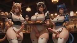 ai_generated cat_ears cat_tail catgirl cum cum_in_container cum_on_food food futanari kaboom maid_uniform tavern