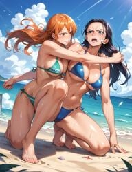 ai_generated beach bearhug bikini catfight hate_fuck hate_sex nami nami_(one_piece) nico_robin one_piece sweat sweaty wet wet_skin wrestling wrestlingryona yuri