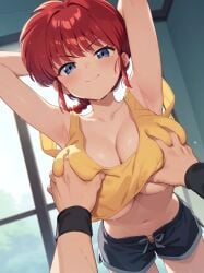 1boy 1girls ai_generated athletic_female big_breasts blownskin blue_eyes braided_ponytail breast_grab brown-skinned_male dolphin_shorts huge_breasts light-skinned_female light_skin looking_at_viewer male_pov massive_breasts muscular_male pov ranma-chan ranma_1/2 red_hair ryoga_hibiki seductive_eyes seductive_smile smiling squatting sweat sweatdrop tank_top voluptuous voluptuous_female