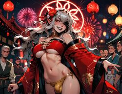 ai_generated black_lips black_lipstick dancing earrings embla_(fire_emblem) exhibitionism eye_patch feh_(fire_emblem_heroes) fireworks futa_bulge futanari hair_flower kimono manofmidas new_year penis_bulge red_eyes underboob white_hair yellow_panties