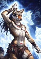 1boy 2024 ai_generated anthro avaru canine coyote deity fur glowing_eyes god humanoid loincloth male mammal muscular nipples solo