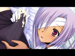 bandages clothing cum eye_patch femboy male oneechan_no_shuuchuu_chiryou! pantyhose purple_eyes purple_hair tail_skid