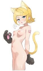 1girls :o animal_ears blonde_hair blue_eyes blush breasts cat_ears cat_girl cat_humanoid cat_tail catgirl cute_fang female female_only kagamine_rin kemonomimi looking_at_viewer meow meowing naked navel nipples no_bra no_panties nude nude_female number_tattoo paw_gloves rakugaki_nye short_hair small_breasts solo standing tail vocaloid