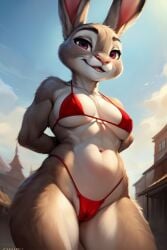 ai_generated anthro bikini female female_only furry judy_hopps lagomorph lagomorph_humanoid outdoors red_bikini solo_female